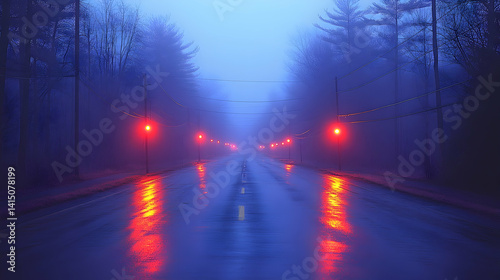 Misty road lined with trees and red lights Rain reflects lights on the dark road Eerie serene and moody atmosphere
