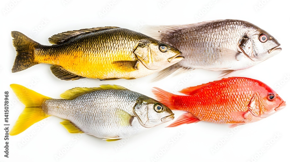 Varied Selection of Fresh Seafood Fish Displayed on White Background with Vibrant Colors Varied Selection of Fresh Seafood Fish Displayed on White Background with Vibrant Colors