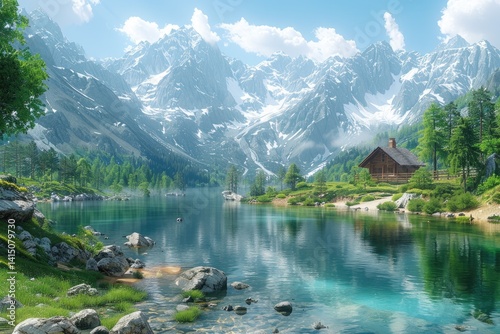 breathtaking mountain range with snow-capped peaks under a clear blue sky