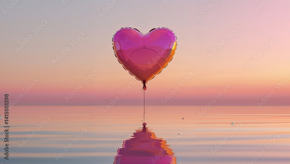 Fototapeta premium Heart Balloon Sunset Reflection Soars High