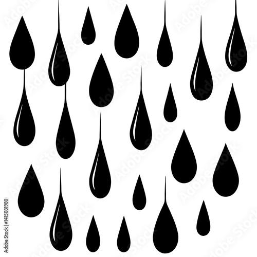 Vector silhouette of a series of thin raindrops falling in different lengths