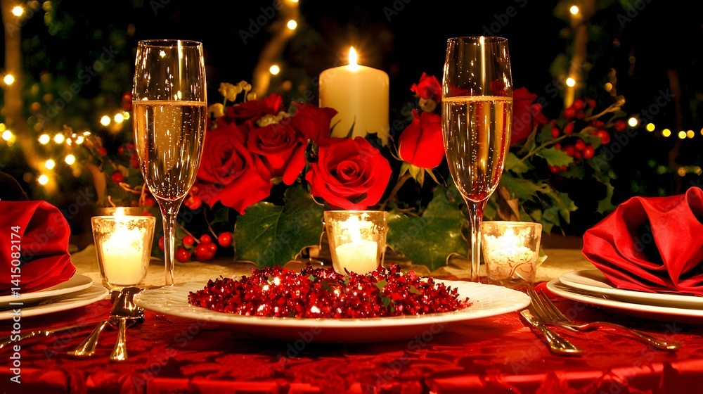 Elegant Dinner Table Set for Romantic Celebration with Red Roses and Flickering Candles Elegant Dinner Table Set for Romantic Celebration with Red Roses and Flickering Candles