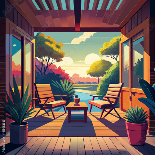  A Cozy Porch Overlooking a Tranquil Landscape with Lush Gardens