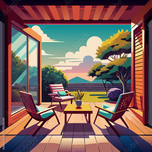  A Cozy Porch Overlooking a Tranquil Landscape with Lush Gardens