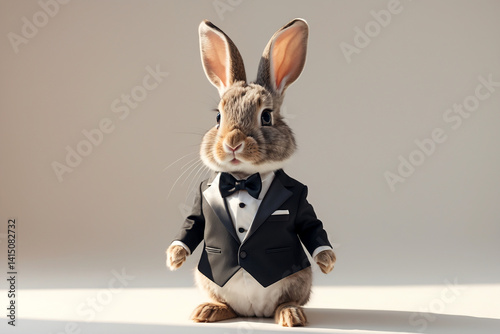 Cute rabbit in formal tuxedo isolated on white background, soft lighting, charming pose photo