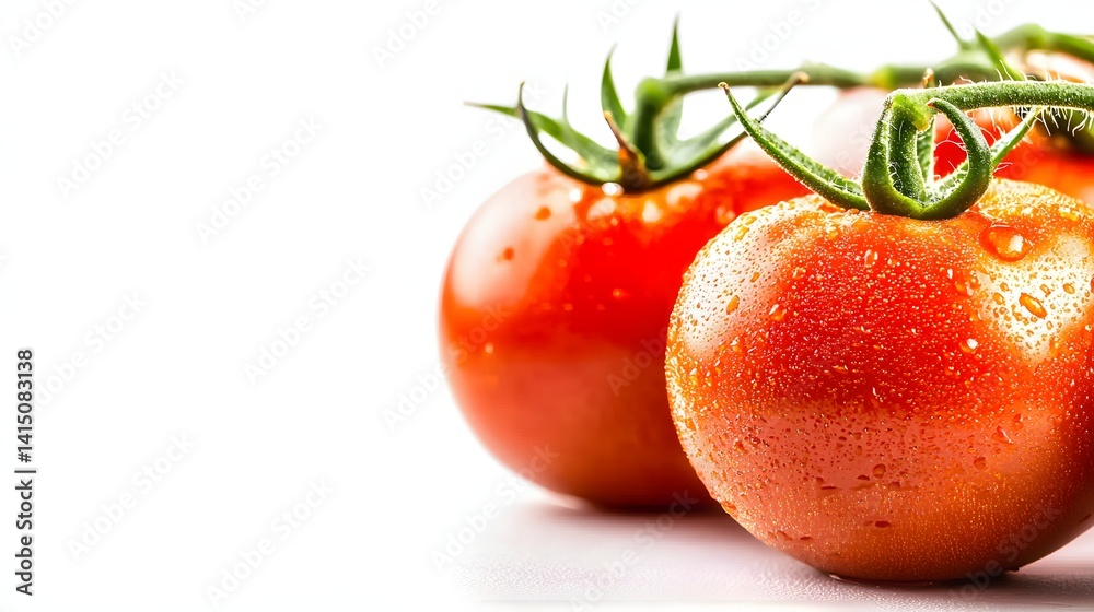 Closeup of Fresh Red Tomatoes with Water Droplets Against a White Background Closeup of Fresh Red Tomatoes with Water Droplets Against a White Background