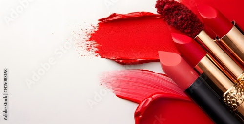 Colorful Display of Vibrant Red Lipsticks and Lip Gloss with Swatches on a White Background