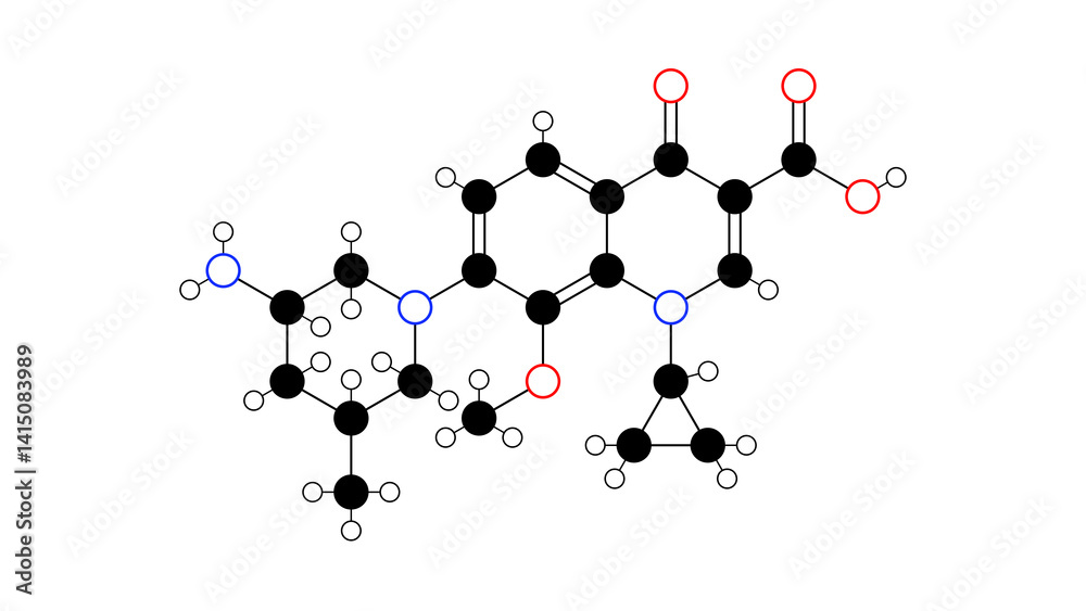 Naklejka premium nemonoxacin molecule, structural chemical formula, ball-and-stick model, isolated image antibiotic
