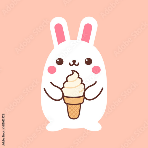 Cute bunny with ice cream cone vector illustration. Rabbit cartoon character in kawaii style and elegant pastel colors. Animal clipart design elements.