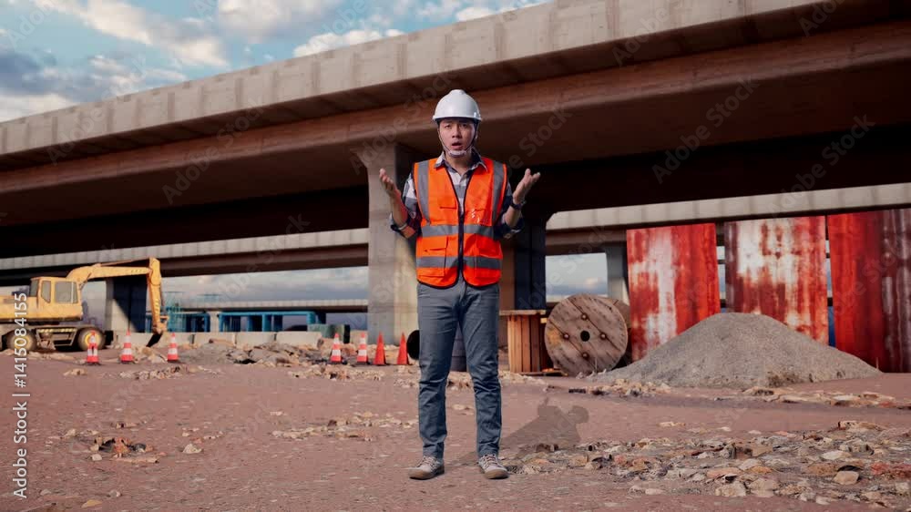 Full Body Of Wondering Asian Male Engineer With Safety Helmet Saying Why Working Doubtfully At The Site of Highway Construction Full Body Of Wondering Asian Male Engineer With Safety Helmet Saying Why Working Doubtfully At The Site of Highway Construction