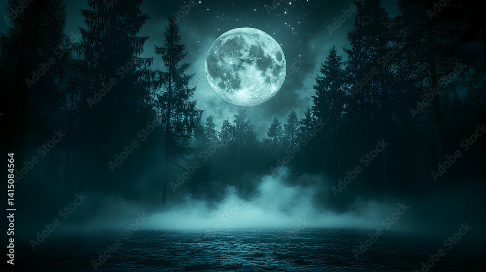 Fototapeta premium Eerie blue landscape featuring a full moon above the forest Fog obscures the forest floor Ground has a textured water