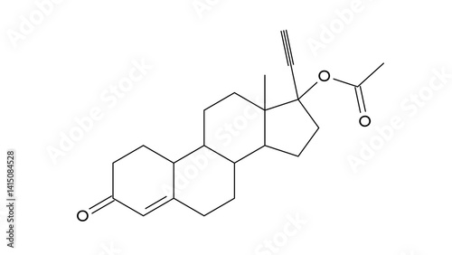 norethisterone acetate molecule, structural chemical formula, ball-and-stick model, isolated image synthetic progestin photo