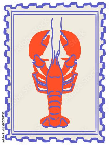Vintage stamp or sticker print, wall art vector travel postcard, summer engraving placard or poster. Retro frame or border element design with lobster or crawfish perfect for interior or menu design.