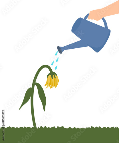 A flat vector illustration of a hand watering a wilted flower, symbolizing care, hope, and recovery. Suitable for educational, environmental, and emotional concept visuals.