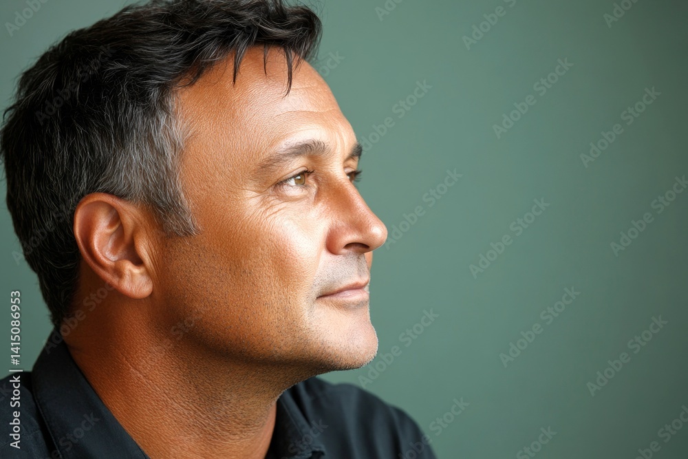 Obraz premium Green solid background. Fashionable men's short caesar haircut - midlife white man with black hair. Conceptual art of style for aging men. A graceful mature man with a modern hairstyle.