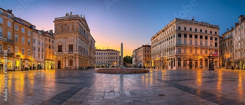 Panoramic view of Piazza della Borsa in Trieste Italy at sunset with warm lighting
