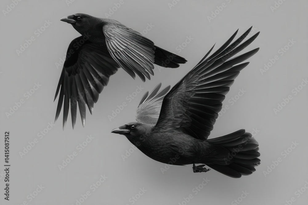 Fototapeta premium black flying crow with white background tattoo sketch