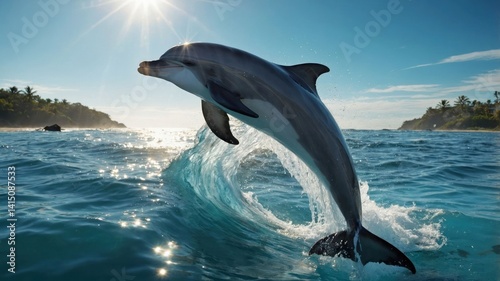 Dolphin Jumping From Ocean Wave on Sunny Day