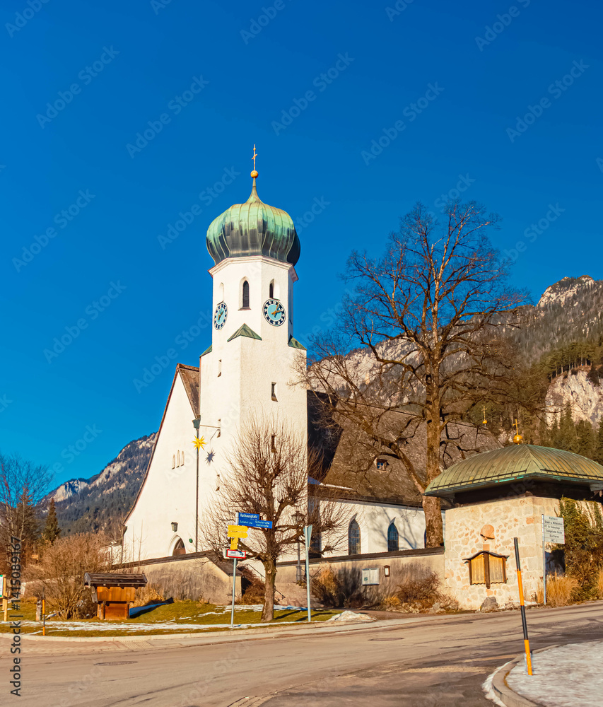 Church on a sunny winter day at Bischofswiesen, Berchtesgadener Land, Bavaria, Germany