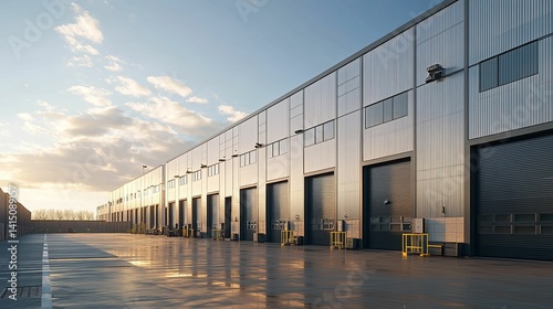 Modern industrial warehouse complex under a soft evening sky.