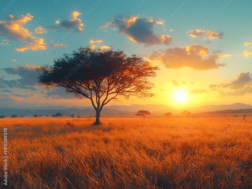 Fototapeta premium Vast savannah with acacia trees under a glowing sunset