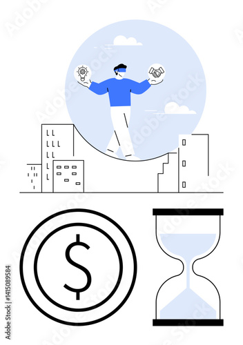 Person walking a tightrope between gear and money icons with urban backdrop, large coin, and hourglass. Ideal for finance, productivity, time management, strategy, investment, business simple