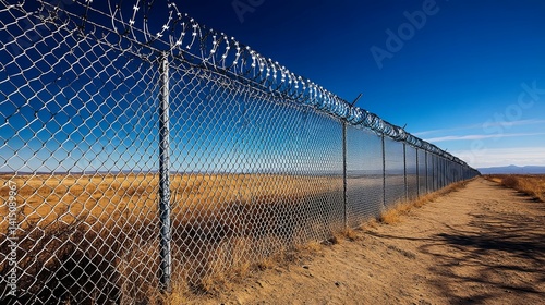 Barbed wire fence stretches across a dry, desolate landscape.