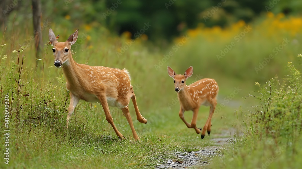 Two fawns running through a meadow Two fawns running through a meadow