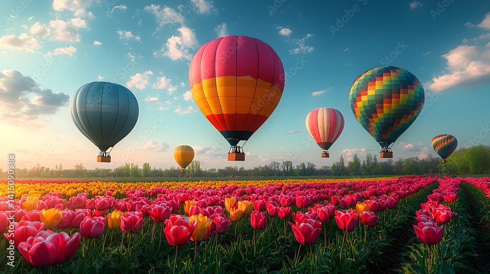 Fototapeta premium Colorful hot air balloons soar over a vibrant tulip field under a bright blue sky