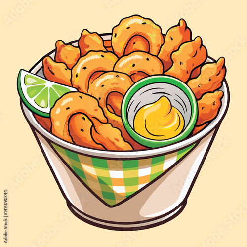 Crispy fried rings. lime. and dipping sauce.