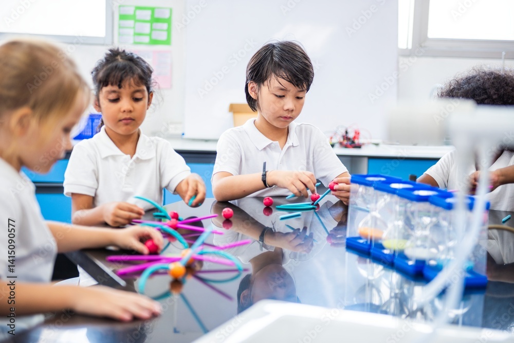 Children in a classroom engaged in a science activity. Kids explore science with colorful materials. Classroom learning with young students and science tools. Children learning in science class.