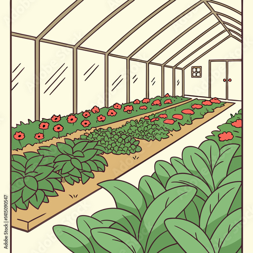 Greenhouse Plants Illustration With Red Flowers And Green Leaves