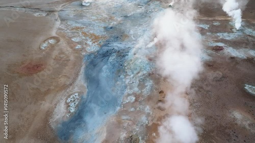 Overhead image of steaming hydrothermal vents and bubbling mud pools at Hverir, surrounded by vivid mineral sediments in North Iceland.