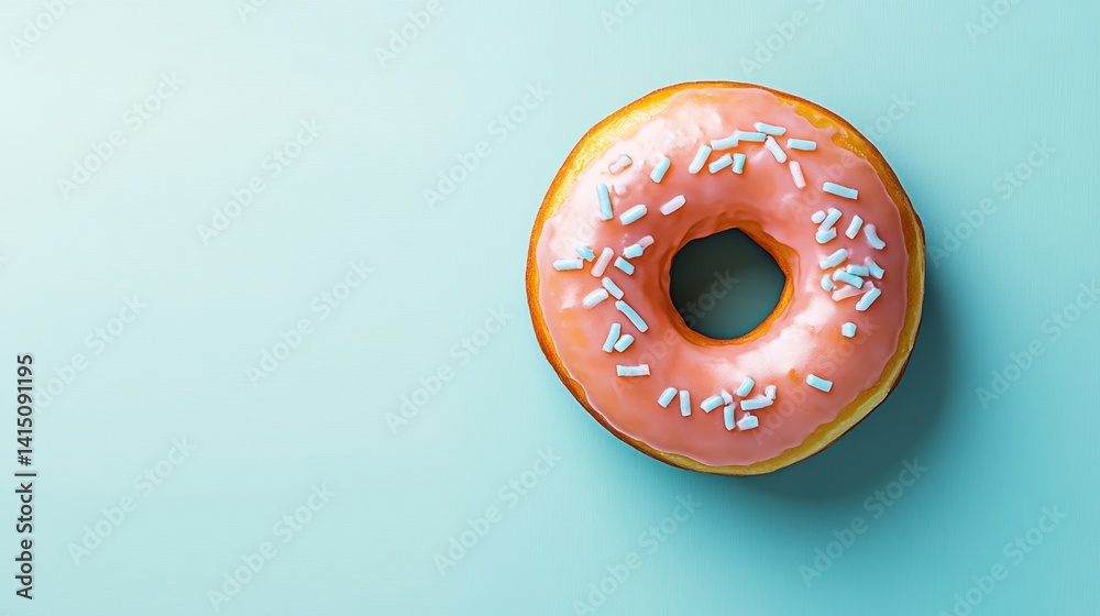 Obraz premium Pink donut with blue sprinkles on top. The donut is sitting on a blue background