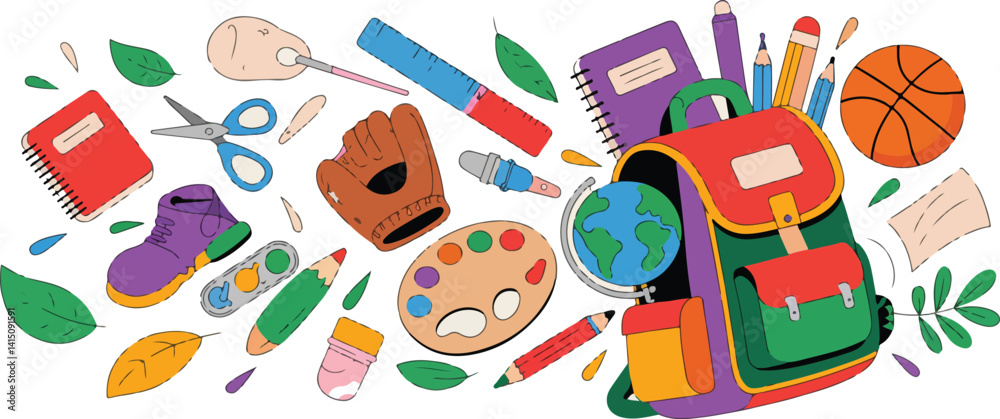  Colorful illustration of school supplies including a backpack, notebooks, pencils, and creative tools, ideal for back-to-school, education, and learning-themed projects.