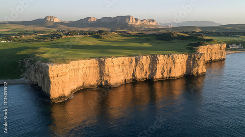 Coastal cliffs rise above blue waters Green fields stretch inland with distant mountains under a pale sky Scenic lands