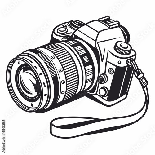 Black And White Illustration Of Dslr Camera With Lens And Strap