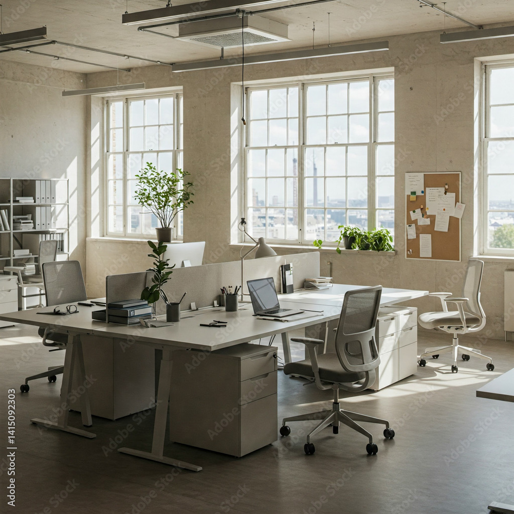 Fototapeta premium Modern Industrial Office Interior with Natural Light and Greenery 