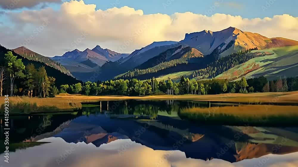 Reflective mountain vista: A tranquil lakeside view mirroring towering peaks with lush forests