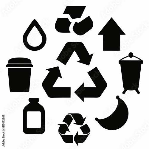 A Set of Black Silhouette Recycling Icons in Various Styles