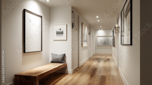 hallway gallery wall with minimalist art, wooden bench, and recessed lighting