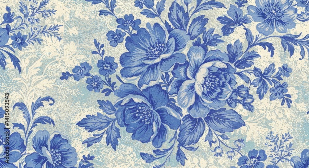 Obraz premium Blue Floral Pattern Textile Design - Elegant blue floral pattern on a light background, perfect for fabric, wallpaper, or home decor