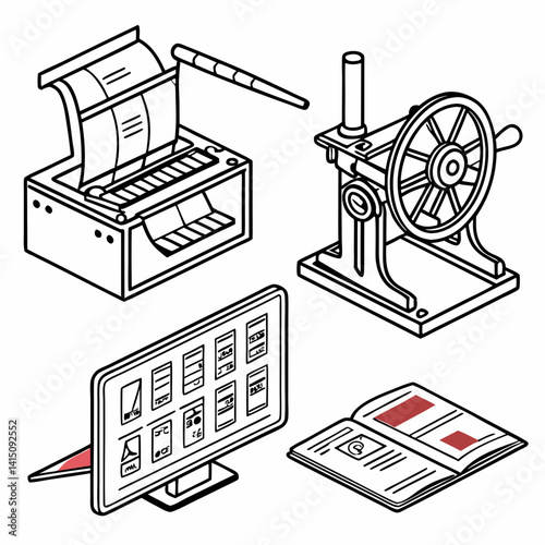 Outline Icons Of Digital And Traditional Media Channels With Editing Tools