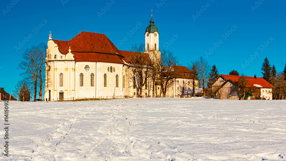 The famous Wieskirche church on a sunny winter day at Steingaden, Weilheim-Schongau, Bavaria, Germany