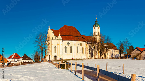 The famous Wieskirche church on a sunny winter day at Steingaden, Weilheim-Schongau, Bavaria, Germany