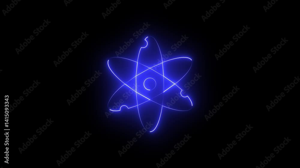 Dynamic neon vertical atom model animation with fiery rotation around nucleus on black background Dynamic neon vertical atom model animation with fiery rotation around nucleus on black background