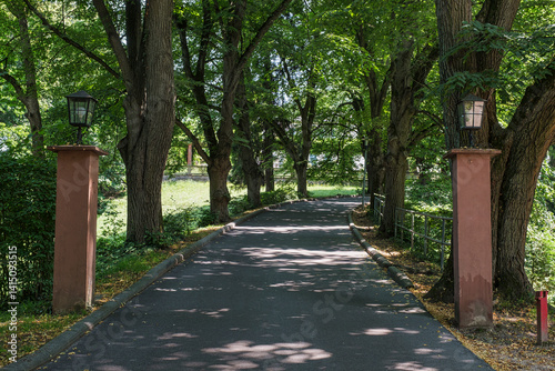 View of a park entrance with shady trees