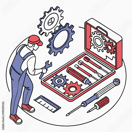 Mechanic Illustration With Toolbox Gears And Tools Isometric Outline Vector Style