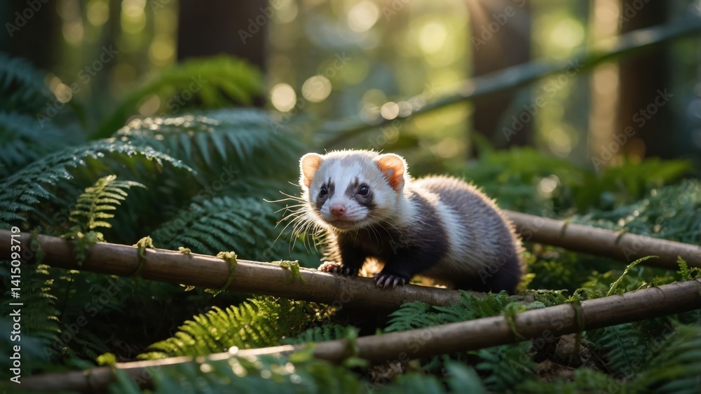 Fototapeta premium Ferret Climbing on Branch in Forest Setting