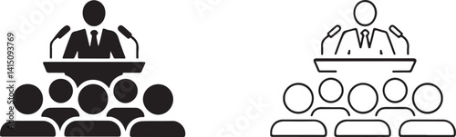  Vector icons showing a speaker at a podium with an audience, representing public speaking, communication, and conference settings. Ideal for business, education, and corporate presentations.